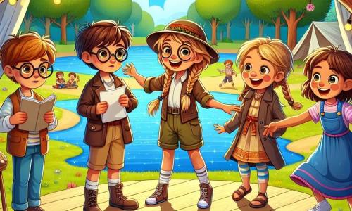 Im Zentrum des Bildes versammeln sich vier Kinder um eine improvisierte Freiluftbühne. Links steht **Julius**, ein zehnjähriger Junge mit zerzausten braunen Haaren und runden Brillen, der konzentriert ein Skript in den Händen hält. Rechts von ihm ist **Mia**, ein mutiges zehnjähriges Mädchen mit geflochtenen blonden Haaren, das ein Entdecker-Kostüm trägt und begeistert lächelt. Neben ihr steht **Tom**, ein schüchterner neunjähriger Junge mit braunen Haaren und dicken Brillen, der eine Pappdekoration in Form eines Baumes anpasst. Schließlich ist da noch **Lisa**, ein fröhliches zehnjähriges Mädchen mit lockigem Haar und einem bunten Kleid, die bereit ist, die Geschichte zu erzählen und die Arme weit ausbreitet, um die Aufmerksamkeit ihrer Freunde zu fangen. Der Hintergrund zeigt einen wunderschönen Sommerpark mit strahlend blauem Himmel, grünen Bäumen und bunten Blumen am Wegesrand. Im Hintergrund funkelt ein See in der Sonne, während andere Kinder um ein Lagerfeuer lachen und spielen. Die Hauptszene zeigt die Kinder, die eifrig ihr Theaterstück proben, mit freudigen und aufgeregten Gesichtsausdrücken, während das Publikum, bestehend aus anderen Kindern, sie bewundernd anlächelt.