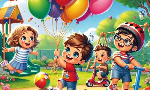 Al centro dell'immagine, Luca, un bambino di quattro anni con i capelli castani arruffati e gli occhi brillanti, sorride felice mentre tiene un grande pallone colorato. A destra, Marco, un bambino di quattro anni con i capelli biondi e occhiali rotondi, salta su un'altalena ridendo. A sinistra, Samuele, un bambino di quattro anni con i capelli neri e una maglietta rossa, cerca di afferrare il pallone volato in alto. Infine, Sofia, una bambina di quattro anni con capelli lunghi e ricci, indossa un bel casco da bici e si trova sul suo monopattino, pronta a recuperare il pallone bloccato in un albero. Il contesto è un parco soleggiato con alberi verdi e fiori colorati. Sullo sfondo si vedono uno scivolo grande e delle altalene, mentre un tavolo da picnic è decorato con palloni e una torta al cioccolato. La scena principale mostra i bambini in un'avventura, ridendo e correndo per prendere il pallone, simboleggiando gioia e amicizia alla festa di compleanno di Luca.
