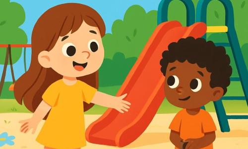 Ein 4-jähriges Mädchen, Lena, mit langen braunen Haaren und funkelnden Augen, steht in einem sonnigen Spielplatz. Sie hat ein warmes und neugieriges Lächeln im Gesicht, während sie ihre Hand nach Amir, einem 5-jährigen Jungen mit dunkler Haut und lockigem Haar, ausstreckt. Amir, etwas schüchtern, schaut Lena mit großen Augen und einem leichten Lächeln an, während er neben einer bunten Rutsche steht. Der Spielplatz ist mit bunten Spielgeräten gefüllt: einer großen roten Rutsche, gelben Schaukeln und Blumenzeichnungen auf dem Boden. Grüne Bäume umgeben den Ort, und der Himmel ist strahlend blau. Lena und Amir treffen sich, um zusammen zu spielen, was die aufkeimende Freundschaft und Toleranz symbolisiert. Lena, voller Enthusiasmus, versucht Amir zu überzeugen, die Rutsche hinunterzurutschen, während Amir, etwas zögerlich, neugierig zusieht.