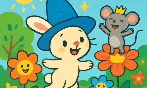 Ein kleiner Hase namens Leo mit einem weichen, seidigen cremefarbenen Fell trägt einen großen, glitzernden blauen Hut, der in der Sonne funkelt. Er hat ein fröhliches Lächeln und funkelnde, schelmische Augen, während er in einem Garten voller bunter Blumen hüpft. Neben ihm steht eine kleine Maus namens Mimi mit grauem Fell und einer goldenen Krone auf dem Kopf, die lachend ihren kleinen Schwanz wedelt. Sie steht auf einer riesigen Blume, die Arme zum Zeichen der Freude erhoben. Der Garten ist üppig, mit Bäumen mit leuchtend grünen Blättern, mehrfarbigen Blumen, die im Wind tanzen, und einem hellblauen Himmel mit flauschigen Wolken. Leo und Mimi haben Spaß daran, magische Blumen erscheinen zu lassen, die um sie herum lachen und tanzen, was eine fröhliche und bezaubernde Atmosphäre schafft.