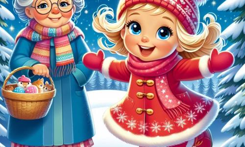 Ein 4-jähriges Mädchen namens Lila mit großen, strahlenden Augen und lockigem blondem Haar springt vor Freude im Schnee, ihr Gesicht strahlt Aufregung und Glück aus. Sie trägt einen leuchtend roten Mantel mit Schneeflockenmustern und eine passende Wollmütze. Neben ihr steht ihre Großmutter, eine etwa 65-jährige Frau mit grauem Dutt und runden Brillen, die warm lächelt, während sie einen Korb mit Weihnachtsplätzchen hält. Sie ist in einen blauen Wollmantel und einen bunten Schal gekleidet und steht leicht im Hintergrund, bewundernd die Freude ihrer Enkelin. Die Szenerie ist eine wunderschöne Winterlichtung, umgeben von großen, schneebedeckten Tannen und funkelnden Sternen am Nachthimmel. Sanfte Schneeflocken fallen und schaffen eine magische, märchenhafte Atmosphäre. Die Hauptsituation zeigt Lila und ihre Großmutter, die zusammen ein fröhliches Weihnachtslied singen, umgeben von kleinen, leuchtenden Sternen, die um sie tanzen und die wiedererwachende Weihnachtsmagie im Herzen eines jeden symbolisieren.