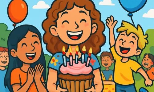 A 12-year-old girl, Lucy, with curly brown hair, beams with joy and a big smile, her eyes sparkling with happiness. She wears a colorful dress with floral patterns and holds a huge cupcake decorated with sparkling candles. Next to her, her best friend Priya, also 12, with long black hair, claps enthusiastically, her eyes shining with excitement. A little boy, Jamie, her 8-year-old brother, jumps for joy, his messy blonde hair, holding a blue balloon floating above him. The setting is a beautiful outdoor birthday party, with a large colorful cake at the center, surrounded by vibrant flower garlands and floating balloons. Children laugh and play around them, while a clear blue sunny sky lights up the scene. The main moment shows Lucy ready to blow out her candles, surrounded by friends and family, all eager to celebrate this magical moment together with laughter and a festive atmosphere.