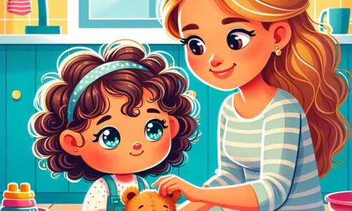 A 2-year-old girl with curly brown hair and sparkling eyes is sitting on a blue rug. She has a sad face and a slight frown, holding her teddy bear close. Next to her, her mother, a smiling woman around 30 with long blonde hair, is washing dishes in the kitchen, looking at her daughter with affection. The kitchen is bright, with yellow walls and a window letting in sunlight, and toys scattered around them. The little girl, looking at her building blocks, starts to pick them up to help her mom, showing a determined expression on her face.