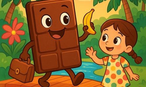 The main character is a smiling anthropomorphic dark-brown glossy chocolate bar with slightly rounded corners, carrying a small leather suitcase and walking happily; a small plush monkey with mischievous eyes and golden fur perches on the suitcase and waves a banana; a curious six-year-old girl with pigtails, a colorful polka-dot dress and wide-eyed wonder reaches out to touch the bar on the right; the scene is a colorful wooden bridge over a sparkling river with green tropical trees, large bright flowers and a few cacao pods on the bridge; the chocolate bar is traveling across the bridge at sunset, surrounded by friends, warm atmosphere, saturated colors, soft shapes and a centered, child-friendly composition.
