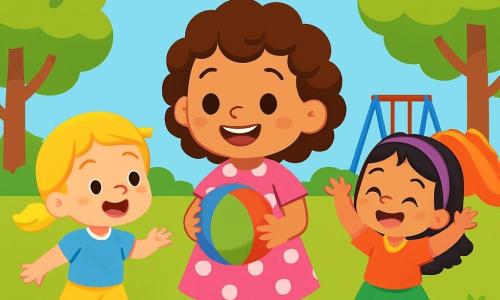 Há 3 personagens: - Sofia: uma menina de 3 anos, com cabelos cacheados castanhos e um sorriso radiante. Ela usa um vestido rosa com bolinhas brancas e está no centro, segurando uma bola colorida. - Clara: uma menina de 3 anos, com cabelos loiros trançados e olhos brilhantes. Ela está à esquerda de Sofia, correndo em direção à bola, vestida com uma camiseta azul e um short amarelo. - Luna: uma menina de 3 anos, com cabelos lisos pretos e uma faixa roxa. Ela está à direita de Sofia, rindo e levantando os braços, usando uma saia verde e uma camiseta laranja. O cenário é um parque ensolarado, com grama verde vibrante, árvores com folhas brilhantes e um céu azul sem nuvens. Ao fundo, há balanços coloridos e um escorregador vermelho. A cena principal mostra as três amigas jogando futebol, correndo alegremente atrás da bola, com risadas e expressões de felicidade em seus rostos. A atmosfera é cheia de vida e camaradagem, ilustrando a alegria do esporte e da amizade.