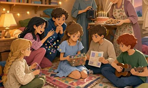 Sunt 8 personaje: Daria, fată 12 ani, păr șaten deschis în coadă, rochiță albastru pal, așezată central pe o pătură groasă, ține o cutie de pantofi decorată și zâmbește timid; Mina, fată 12 ani, păr negru lăsat, costumație roz cu paiete, ghemuită stânga de Daria, aruncă confetti de hârtie și râde cu ochii luminoși; Toma, băiat 12 ani, păr scurt brun, cămașă neutră, stă dreapta de Daria cu o foaie mică în mână ca organizator, postură serioasă dar blândă; Radu, băiat 12 ani, păr roșcat, tricou verde, puțin în spate dreapta, ține un ukulele miniatură pe genunchi și ciupește o coardă; Sara, fată 11–12 ani, păr blond împletit, pulover crem, stă lângă Mina, ține o brățară din ață și zâmbește blând; Victor, băiat 12 ani, păr brun ondulat, hanorac albastru, în spate lângă Sara, privește cutia curios cu mâinile împreunate; Maman, femeie ~35–40 ani, păr șaten- cenușiu prins, rochie simplă, stă lângă o masă cu un tort și dezvăluie un difuzor mic zâmbind; Bunica, femeie ~70 ani, păr gri coc, șorț cu flori, stă lângă masă cu o farfurie cu biscuiți, privire blândă și mâini întinse spre copii. Loc: o cameră transformată într-un colț cocon: covor crem gros, perne colorate, pătură cu motive geometrice, bibliotecă mică, ghirlandă de lumini galbene și felinare de hârtie, lampă de noptieră difuză și fereastră cu perdea subțire ce lasă o lumină crepusculară. Situație principală: mică petrecere aniversară intimă și calmă — copiii în cerc în jurul unei cutii de dorințe decorate, un tort cu lumânări pe masă, muzică lină dintr-un difuzor mic, lumină caldă aurie pe chipuri, confetti de hârtie pe covor; atmosferă tandră, caldă, atentă, gesturi respectuoase și fețe luminate, compoziție centrată pe cutie și expresii.
