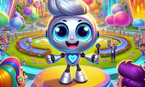 In the center of the image, Rolly, a small metallic ball-shaped robot with sparkling blue eyes and a bright smile, joyfully jumps on a colorful stage, radiating happiness and excitement. To his right, Mayor Spark, an elegant robot with a heart-shaped head and a shimmering cape, proudly smiles while holding a microphone, expressing his joy for Rolly. On the left, a group of children with colorful hair and futuristic clothing enthusiastically applauds, their faces lit up by the magic of the moment. The setting is a futuristic park in Glimmerdale, filled with brightly colored singing flowers, organically shaped glass buildings shining under the sunset, and floating lanterns casting a soft light on the scene. The main situation shows Rolly receiving the "Friendliest Robot" award at the Great Tech Festival, surrounded by friends and the community, celebrating together in a joyful and festive atmosphere.