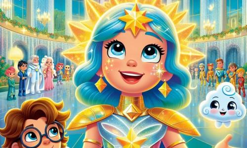 Starluma, a superheroine with sparkling blue hair and a color-changing golden armor, stands at the center of the scene, her face radiating curiosity and excitement. The star on her cheek shines brightly, illuminating her warm smile. Next to her is a 10-year-old boy named Leo, with round glasses and tousled brown hair, looking on with admiration. He holds a small cloud-shaped robot that floats beside him, his eyes sparkling with joy. In the background, the Hall of Stars at the Celestial Hideaway is majestic, with shimmering crystal walls, floating lanterns lighting up the room, and lush gardens visible through large windows. The main scene shows Starluma and Leo, surrounded by other superheroes, ready to hear an important announcement, their faces lit up with excitement and anticipation for a new adventure.