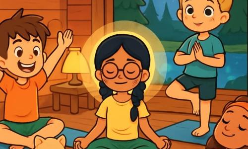 There are 4 children: Eli, a 10-year-old boy with messy brown hair and sparkling eyes, sitting in a yoga position with arms raised and a big smile; Maya, a 9-year-old girl with long braided black hair and round glasses, meditating with hands on her knees surrounded by soft light; Noah, an 11-year-old boy with blond hair and freckles, in a tree pose next to Eli, focused and balanced; and Ava, a 10-year-old girl with curly brown hair and a colorful headband, lying on a soft cushion with closed eyes and a serene smile. The setting is a cozy wooden cabin surrounded by tall green trees and a peaceful lake reflecting the moon. Inside, soft lamp light creates a calming atmosphere, with colorful cushions scattered on the wooden floor. The main scene shows the children practicing yoga together, breathing deeply, with a fluffy kitten nestled among them, adding a touch of sweetness to this calm and serene moment.