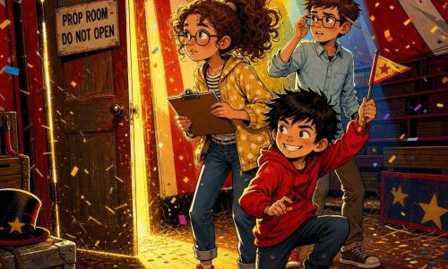 Three children in a red-and-gold circus tent: Zoe, 11, curly brown hair in a high ponytail, round glasses, yellow polka-dot jacket, holding a clipboard and looking toward a backstage door left-center; Milo, 12, short light-brown hair, square glasses, pale blue shirt, worried expression with a pencil behind his ear, standing to Zoe’s right slightly back; Jay, 10, tousled black hair, red sweatshirt, mischievous grin, tiptoeing in the foreground with a small paper flag. They inspect the clipboard searching for a labeled prop box amid straw dust and sparkling confetti, a slightly open “PROP ROOM - DO NOT OPEN” door at left casting a golden glow; the tent has wide red-and-white vertical stripes, wooden plank floor with straw and confetti, dark wooden benches in the background and yellow spotlights overhead.