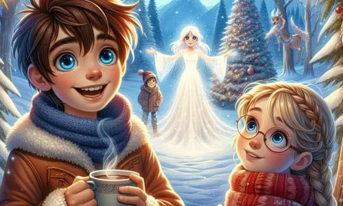 An 11-year-old boy, Oliver, with tousled chestnut hair and cobalt eyes, stands at the center of the scene, a wide smile lighting up his face. He is wrapped in a thick red jacket, with a scarf knitted by his grandmother around his neck, gazing in awe at an ethereal figure appearing before him. Next to him, Sarah, a 10-year-old girl with braided blonde hair and rosy cheeks from the cold, watches with wide eyes, her hands clasped around a cup of hot chocolate. Lucas, an 11-year-old boy with glasses and brown hair, stands slightly back, arms crossed, showing a mix of surprise and excitement. The scene takes place in an enchanted forest, where majestic trees are covered in a thick layer of shimmering snow, and snowflakes gently fall from the light blue sky. In the distance, a large illuminated fir tree sparkles, adding a touch of magic to the atmosphere. The main focus shows Oliver, Sarah, and Lucas discovering a beautiful Snow Maiden, an ethereal creature with frost hair and sparkling eyes, emerging from the shadows of the trees, illuminating the night with a soft glow. The children are captivated by this magical appearance, their faces radiant with joy and wonder.