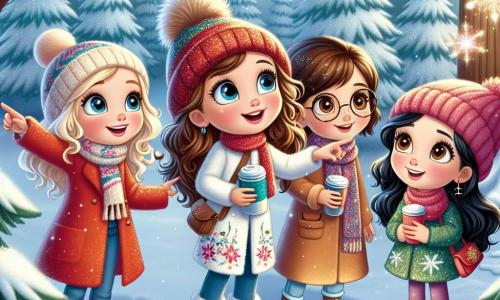 In an enchanted clearing in the heart of the Whispering Pines forest, four friends stand together, amazed. **Ella**, a 12-year-old girl with long brown hair and sparkling eyes, wears a bright red coat and a wool hat. She stands in the center, pointing at a majestic tree, the oldest in the forest, with a radiant smile. **Mia**, also 12, has curly blonde hair and rosy cheeks. She is to Ella's left, arms crossed, curiously watching the shimmering snowflakes falling around them. **Sophie**, another 12-year-old with brown hair and round glasses, stands to Ella's right, holding a thermos of hot chocolate, her eyes wide with wonder. **Lily**, the most pragmatic, has straight black hair and wears a colorful scarf. She is slightly behind, examining a snow-covered path glistening in the winter sun. The clearing is surrounded by tall snow-covered pines, with ice crystals sparkling on the branches. The ground is carpeted with a thick layer of pristine snow, and snowflakes gently fall from the light blue sky. In the center of the scene, the four friends discover the magic of winter, fascinated by the glowing little creatures, snow sprites, dancing around them, illuminating the clearing with a fairy-like glow.
