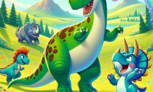 Um diplodoco chamado Dino, grande e gentil, com pele verde e manchas marrons, está no centro da cena, com os olhos brilhando de excitação, segurando uma pedra mágica que brilha em mil cores. Ao seu lado, Tara, um pequeno tiranossauro com escamas vermelhas e olhos brilhantes, dança alegremente, sua cauda se agitando com entusiasmo. Um pouco mais adiante, Pako, um tricerátops com chifres dourados e pele azul, os observa com um sorriso admirado, pronto para se juntar à dança. A cena ocorre em uma vasta planície verdejante, salpicada de flores coloridas e árvores majestosas, sob um céu azul radiante, onde o sol brilha calorosamente. Ao longe, montanhas suaves se desenham no horizonte. Dino, Tara e Pako dançam juntos, cercados por uma melodia mágica que emana da pedra cintilante, criando uma atmosfera alegre e festiva, cheia de risadas e amizade.