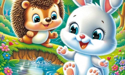 Un adorabile coniglietto bianco di nome Benny, con grandi orecchie e occhi scintillanti di gioia, sta saltellando felicemente vicino a un ruscello luccicante. Ha un sorriso radioso sul viso, che mostra la sua felicità di essere con il suo amico. Accanto a lui c'è Lino, un piccolo riccio con il pelo marrone e aculei morbidi, che sorride ampiamente. Lino tiene un bel sassolino blu tra le sue piccole zampe, meravigliato dalla sua bellezza. Il paesaggio è una bellissima foresta, con alberi verdi, fiori colorati che danzano nel vento e un ruscello che scorre dolcemente, riflettendo il cielo azzurro. Benny e Lino giocano insieme, ridendo e divertendosi, mentre costruiscono un piccolo riparo con rami e foglie, simboleggiando la loro bella amicizia.