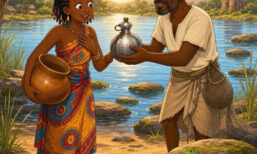 Main woman: Amina, ~30, round smiling face, warm brown skin, small braided hair with colorful beads, surprised sheepish expression, wide eyes and raised brows, holding a nearly empty light-brown clay gourd against her hip; Secondary 1: Badu, ~40, dark skin, short graying beard, simple fisher clothes, standing on rocks slightly leaning toward Amina offering a shiny metal water bottle, calm kind face; Secondary 2: small green lizard on a nearby rock, lazy gaze, tongue out; Setting: bank of a large African river with round mossy rocks, tall grasses and reeds, a few mango trees and a baobab, golden morning light casting reflections and long shadows; Scene: Amina arrives at the "singing rocks" with her almost empty gourd, posture slightly bent, regretful curious expression, Badu offering water as a patient gift, warm calm mood, saturated ochre/green/blue colors, soft lines, visible textures on rocks and fabric, composition focused on the hands exchanging the gourd.