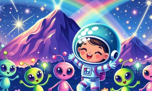 In het midden van de afbeelding staat een astronautin genaamd Anna, met een glanzende helm en een kleurrijke ruimtepak, die verwonderd glimlacht. Haar ogen stralen van vreugde terwijl ze een onbekende planeet ontdekt. Naast haar dansen kleine, kleurrijke buitenaardse wezens met ronde ogen en stralende glimlachen om haar heen. Ze lijken blij en gastvrij, en een van hen, een klein groen buitenaards wezen, maakt een vriendelijke gebaar naar Anna. De achtergrond toont een planeet met fantastische landschappen: de grond is helderblauw, bezaaid met kleurrijke bloemen die schitteren onder een sterrenhemel. Grote paarse bergen torenen aan de horizon, en fonkelende sterren verlichten de scène. Anna danst met haar nieuwe buitenaardse vrienden in een blije viering onder de sterren, wat een magische en avontuurlijke sfeer creëert.