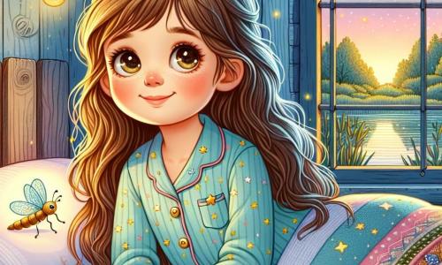 Uma menina de 8 anos, com longos cabelos castanhos e olhos brilhantes de curiosidade, está deitada em uma cama aconchegante, com um sorriso sereno no rosto. Ela usa um pijama de algodão azul claro decorado com pequenas estrelas douradas, e suas bochechas estão levemente rosadas, refletindo sua tranquilidade. Ao lado dela, uma vaga-lume cintilante, pequena e luminosa, voa suavemente, iluminando o ambiente com uma suave luz dourada. A cena acontece em uma cabana de madeira rústica, cercada por grandes janelas que deixam entrar a luz do crepúsculo. As paredes estão adornadas com desenhos de animais e paisagens, e uma coberta de lã colorida está cuidadosamente dobrada aos pés da cama. Do lado de fora, vê-se um lago calmo, refletindo as cores pastel do céu ao pôr do sol. A situação principal mostra a menina se preparando para dormir, cercada por cores suaves e pela luz delicada dos vaga-lumes, criando uma atmosfera zen e serena, perfeita para um momento de sonho.