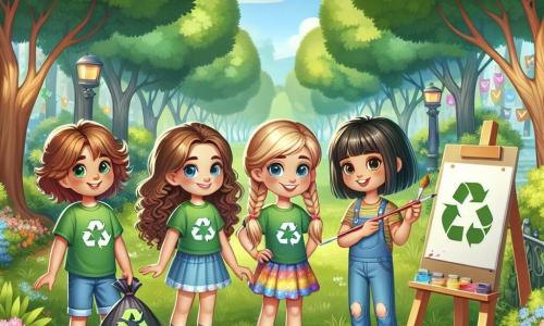 Într-un parc verde, patru fete stau împreună, pregătite să acționeze pentru ecologie. Ana, o fată de 12 ani cu părul brun și creț, poartă un tricou verde cu un logo de reciclare și ține o sacoșă cu deșeuri. Lângă ea, Maria, tot de 12 ani, are părul blond împletit și poartă o fustă colorată, având în mână un panou cu mesajul "Protejăm natura!". Elena, o fată cu părul castaniu și drept, este puțin mai mică, cu un zâmbet timid, și pictează un poster pe un suport. În cele din urmă, Ioana, cea mai înaltă din grup, cu părul negru și drept, poartă un maieu albastru și observă parc, pregătită să încurajeze trecătorii să participe la acțiunea lor. Parcul este plin de copaci majestuoși cu frunze verzi strălucitoare și flori colorate. La sol, deșeurile se află pe iarbă, contrastând cu frumusețea naturală a locului. Cele patru prietene organizează o zi de curățenie, hotărâte să strângă deșeurile și să conștientizeze pe alții despre importanța protejării mediului. Atmosfera este plină de energie și entuziasm, cu raze de soare care filtrează printre crengile copacilor, iluminând misiunea lor.