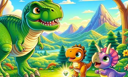 Un Tyrannosaurus Rex llamado Titi, con escamas verdes brillantes y ojos llenos de curiosidad, está en el centro de la escena, sonriendo con entusiasmo. A su lado, un triceratops llamado Trica, con una gran cuerno y escamas rosas, mira al Tyrannosaurus con admiración. Un pequeño velociraptor llamado Rapi, con plumas amarillas brillantes, salta alegremente a su alrededor, mostrando una expresión de felicidad. La escena transcurre en una vasta llanura prehistórica, llena de grandes árboles frondosos, flores coloridas y colinas verdes bajo un cielo azul brillante. A lo lejos, se alzan majestuosas montañas, añadiendo grandeza al paisaje. Titi, Trica y Rapi descubren un antiguo artefacto que brilla intensamente, simbolizando la amistad, y están listos para mostrárselo a los demás dinosaurios, llenos de emoción y alegría.