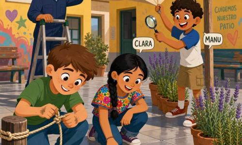 Un niño de 10 años, cara redonda y pecas, cabello castaño corto, concentrado y alegre, sostiene una cuerda y hace un nudo con manos algo sucias; una niña de unos 10, Clara, cabello negro en trenza y blusa colorida, mira un plano y señala la ubicación de las macetas junto al niño; un niño de unos 10, Manu, de rizos y sonrisa traviesa, sostiene una lupa y ayuda a tensar una vela desde una caja; un conserje adulto (~50 años), piel bronceada y gorra, sonríe mientras ofrece un gancho metálico desde una escalera; en la cour de la escuela, suelo de losas grises que reflejan el calor, paredes amarillas con graffitis suaves, bancos de madera gastada, filas de grandes macetas de terracota con lavanda y romero y cuerdas entre postes; los tres niños colocan una gran lona reciclada beige para dar sombra que ondea levemente, proyectando sombras frescas, con una mariposa posada en una losa tibia y risas indicadas por pequeñas líneas.