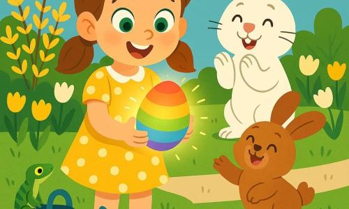 Osiemletnia Hania, rozpromieniona, w brązowych kucykach i żółtej sukience w białe kropki, trzyma świecące tęczowe jajko; obok, po prawej, skacze uroczy brązowy króliczek Brzuszek patrzący na jajko, za nią stoi duży biały Zajączek Wielkanocny z różowym nosem klaszczący radośnie, przy lewym stopie na niebieskim konewce siedzi mała zielona jaszczurka, a jasny ogród z trawą, żółto-białymi tulipanami, forsycją i rozrzuconymi malowanymi jajkami tworzy ciepłą, wiosenną scenę pełną zachwytu.