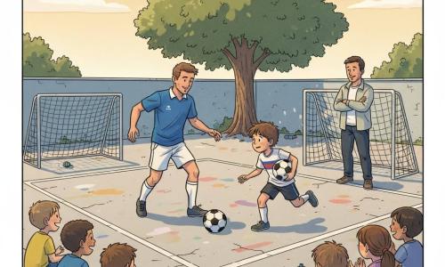 Un uomo adulto (Nicolás), sorridente e benevolo, capelli corti castani, maglia sportiva blu e pantaloncini bianchi, dribbla con sicurezza; un ragazzo di circa 10 anni (Federico), concentrato e determinato, capelli castani spettinati, maglietta consumata della squadra e pantaloncini corti, stringe il pallone sotto il braccio e corre per sfidarlo; l’allenatore Marco, sulla quarantina, viso amichevole, giacca leggera e braccia conserte, osserva e incoraggia dalla linea del campo; altri bambini (7–11 anni), maschi e femmine, ridono, applaudono o stanno seduti ai bordi con borracce; ambientazione: cortile scolastico al pomeriggio, piccolo campo rettangolare con rete del porticine usurate, pavimento in cemento crepato e segni di gessetti colorati, muretto basso blu e un albero sullo sfondo; scena: partita amichevole uno contro uno, azioni di dribbling, corsa e applausi, atmosfera calda e incoraggiante, colori caldi e stile fumetto luminoso.