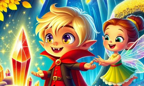 Un piccolo vampiro di nome Lino, un ragazzo con occhi brillanti come stelle e un mantello rosso vivo, si trova davanti a un magnifico cristallo scintillante in una grotta. Il suo viso esprime meraviglia e gioia, con un grande sorriso che illumina il suo volto. Accanto a lui, una piccola fata di nome Stella, una ragazza con ali trasparenti e capelli dorati, fluttua nell'aria, guardando Lino con un sorriso di incoraggiamento. La scena si svolge sotto un grande albero dalle foglie dorate, le cui branche si estendono maestosamente verso il cielo blu. La grotta, tappezzata di pietre brillanti, riflette la luce del cristallo, creando un'atmosfera magica e calorosa. Lino, meravigliato, tocca il cristallo magico, mentre Stella lo incoraggia con entusiasmo, creando un'atmosfera di scoperta e amicizia in questo regno fantastico.