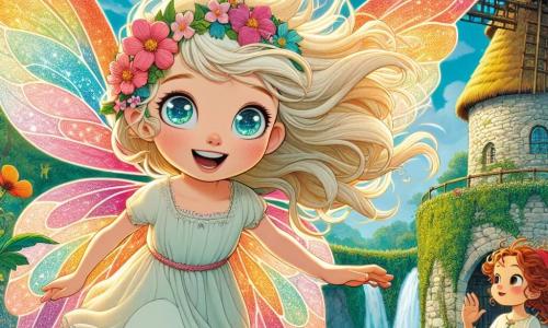 Lúmina, una niña mágica con alas coloridas como pétalos de flores, vuela alegremente sobre un viejo molino, su rostro iluminado por la emoción y la curiosidad. Sus ojos brillan como diamantes, y lleva un vestido ligero de tonos pastel que flota a su alrededor. A su lado, Martín, un niño intrépido con el cabello castaño desordenado y una camiseta a rayas, observa el molino con determinación, sosteniendo un trozo de mapa rasgado en su mano. Sofía, una niña valiente con cabello rizado y un vestido rojo brillante, está cerca de él, mostrando una mezcla de entusiasmo y nerviosismo, lista para explorar. El lugar es un paisaje encantador, con un viejo molino de piedra cubierto de hiedra, rodeado de majestuosos árboles de hojas verdes brillantes y flores coloridas que bailan al viento. El cielo es de un azul brillante, salpicado de nubes blancas esponjosas. La situación principal muestra a Lúmina, Martín y Sofía en plena investigación, preparándose para entrar en la cueva misteriosa detrás del molino, donde se oculta un tesoro y secretos por descubrir, mientras risas lejanas de chicos misteriosos resuenan en el aire.