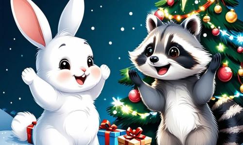 Pepito, un pequeño conejo de grandes orejas y pelaje blanco como la nieve, baila alegremente alrededor de un árbol de Navidad decorado con guirnaldas coloridas y una estrella dorada brillante en la cima. Su rostro irradia felicidad y emoción. A su lado, Miguelito, un pequeño mapache de pelaje gris y ojos chispeantes, aplaude riendo, con su pequeña cola moviéndose de alegría. Se encuentra cerca del árbol, sosteniendo una bola roja brillante en sus patas. La escena transcurre en una encantadora casa de madera, con paredes decoradas con copos de nieve y ventanas iluminadas por luces cálidas. Una alfombra suave cubre el suelo, y copos de nieve caen suavemente afuera, creando una atmósfera mágica. Pepito y Miguelito celebran juntos la magia de la Navidad, llenos de alegría y amistad, en un ambiente festivo y cálido.