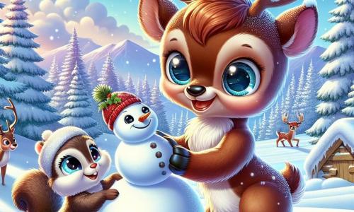 Rufus, un joven reno de grandes ojos brillantes y pelaje marrón claro, está rodando una bola de nieve con entusiasmo, sonriendo ampliamente. A su lado, Sofía, una pequeña ardilla de pelo marrón y cola esponjosa, lo observa con alegría, sus ojos brillando de emoción mientras sostiene una ramita para añadir al muñeco de nieve que están construyendo. El paisaje es un hermoso escenario invernal: árboles majestuosos cubiertos de nieve brillante, un cielo azul claro salpicado de copos de nieve, y un suelo inmaculado, creando una atmósfera mágica. Al fondo, otros animales del bosque se reúnen para admirar su creación, sumando a la festividad. La escena principal muestra a Rufus y Sofía construyendo un muñeco de nieve, compartiendo risas y promesas de amistad, simbolizando la magia del invierno y la alegría de las tradiciones.