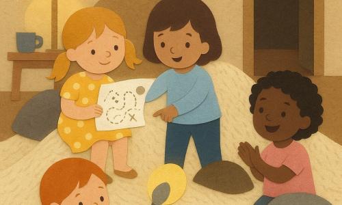 Ci sono quattro bambine di circa 4 anni: una bionda con due codini e vestito giallo a pois seduta a sinistra sulla coperta-montagna che tiene una mappa fatta a mano; una bruna con capelli corti e maglione azzurro in piedi sulla coperta a destra che indica un cerchio sulla mappa; una rossa con trecce e vestito verde davanti alla coperta che tiene un cucchiaio a mo' di torcia e sorride; una nera con capelli ricci e body rosa leggermente indietro che applaude e guarda la 
