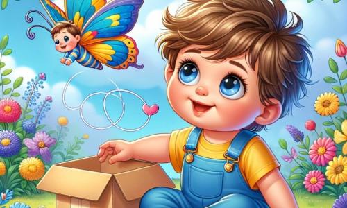 Un bambino di un anno, di nome Leo, con capelli castani disordinati e grandi occhi curiosi, è seduto nel suo giardino, con un grande sorriso sul volto. Indossa una salopette blu e una maglietta gialla, tenendo in mano una piccola scatola di cartone che ha trasformato in un razzo. Accanto a lui, una bellissima farfalla colorata, con ali dai toni vivaci di blu e giallo, vola gioiosamente attorno a lui, aggiungendo un tocco di magia alla scena. Il giardino è pieno di fiori vivaci, grandi alberi con foglie verdi e un cielo azzurro chiaro punteggiato da alcune nuvole bianche e soffici. In questa situazione principale, Leo, meravigliato, guarda la farfalla che volteggia attorno a lui, pronto a volare verso nuove avventure nella sua immaginazione.