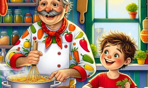 Ein Küchenchef, ein Mann in den Vierzigern mit einem großen Schnurrbart und einem weißen Kochhut, lächelt fröhlich, während er einen großen Topf Pasta auf dem Herd zubereitet. Er trägt eine bunte Kochjacke mit Gemüse-Motiven, und seine Augen strahlen vor Aufregung, während er die Zutaten vermischt. Neben ihm steht ein achtjähriger Junge namens Max, mit zerzausten braunen Haaren und einem roten T-Shirt, der mit Staunen zusieht. Er hält eine Karotte in einer Hand und ein Plastikmesser in der anderen, bereit, seinem Kochfreund zu helfen. Die Szene spielt sich in einer warmen, bunten Küche ab, die mit Töpfen und Pfannen von der Decke hängt, und Regalen voller Kochbücher und Gewürzgläser gefüllt ist. Sonnenlicht strömt durch ein Fenster und beleuchtet die frischen Zutaten auf der Arbeitsfläche. In dieser Hauptsituation bereiten Chef Paul und Max eine köstliche Sauce für ihre Überraschungs-Pasta vor, umgeben von einer fröhlichen und kreativen Atmosphäre mit Lachen und verlockenden Aromen in der Luft.