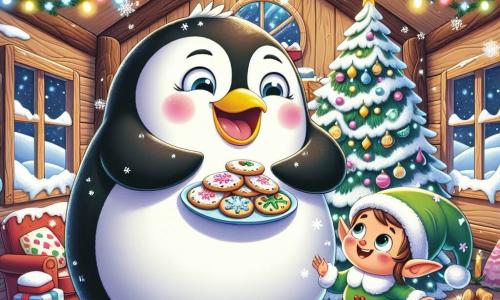 Ein fröhlicher Pinguin namens Piko, mit einem runden Bauch und schwarz-weißen Federn, tanzt begeistert in seinem gemütlichen, weihnachtlich dekorierten Wohnzimmer, ein großes Lächeln erhellt sein Gesicht. Neben ihm steht ein kleiner Elf mit funkelnden Augen und strahlender Haut, der ein niedliches grünes Tunika und einen spitzen Hut trägt, lächelnd mit einem Teller glitzernder Kekse in der Hand, was der Szene einen Hauch von Magie verleiht. Der Ort ist eine charmante Holzhütte mit Wänden, die mit Lichtergirlanden geschmückt sind, und einem großen, funkelnden Weihnachtsbaum in der Mitte, geschmückt mit bunten Kugeln und Zuckergirlanden. Die Hauptsituation zeigt Piko und den Elf, die verzauberte Kekse mit ihren tierischen Freunden aus dem Wald teilen, alle versammelt in einer festlichen Atmosphäre, zusammen singen und lachen, umgeben von sanft fallenden Schneeflocken draußen.