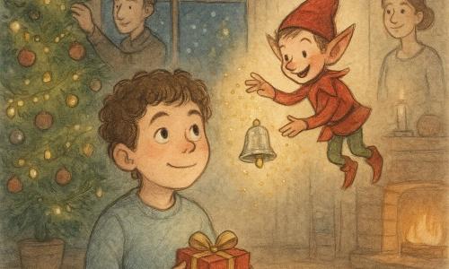 Jongen van 10, krullend bruin haar en blozende wangen, verwonderd en rustig zittend voor een versierde kerstboom met een klein rood pakje met gouden lint in zijn handen, kijkend naar een klein glanzend belletje; een guitige, goedhartige kabouter (klein, puntoren, rode muts) zweeft dichtbij en strooit gouden glitter; moeder (±35) rechts achteraan met opgestoken haar glimlacht bij een verlichte keukentafel, vader (±38) links hangt lichtjes in de boom; gezellige woonkamer 's nachts met brandende open haard, wollen tapijt, houten vloer en raam waar fijne sneeuw en straatverlichting te zien zijn; hoofdscène: magisch middernachtmoment waarop alles stil lijkt te vallen en een klare bel klinkt, warme kaars- en guirlandeverlichting contrasterend met het koude blauwe sneeuwlicht buiten.