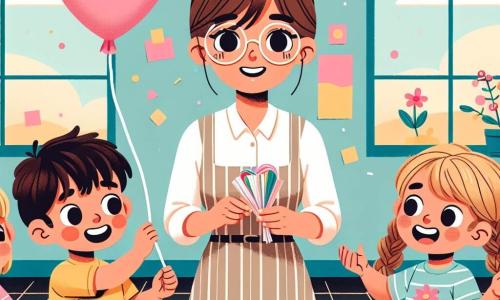 A cena mostra uma professora, Madame Marta, uma mulher de cerca de trinta anos, com cabelos castanhos presos em um coque, usando óculos redondos e um sorriso acolhedor. Ela está em pé no centro da sala de aula, cercada por decorações coloridas, segurando tesouras e folhas de papel, explicando às crianças como criar flores de papel. À sua direita, Lucas, um menino de 7 anos com cabelos loiros bagunçados e uma camiseta azul, está colando pedaços de papel em um grande cartaz, parecendo concentrado e entusiasmado. À sua esquerda, Sofia, uma menina de 6 anos com cabelos castanhos trançados e um vestido rosa, segura um balão em forma de coração e sorri alegremente, pronta para pendurar guirlandas de papel. A sala de aula é iluminada e acolhedora, com paredes pintadas de amarelo claro, cartazes coloridos pendurados e mesas de madeira dispostas em círculo, criando uma atmosfera festiva e alegre. A situação principal mostra Madame Marta e seus alunos se preparando para uma festa de fim de ano, cheios de empolgação e criatividade, contribuindo para decorar a sala com elementos coloridos e alegres.