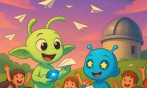 Bloop, a small round pale-green alien with long floppy ears, joyful and wide-eyed, holds a small glowing blue device aimed at a paper airplane; Zoggy, a small shiny-blue alien with star-shaped eyes, smiling and attentive, stands beside him showing a group of children how to fold a paper airplane; about ten excited, laughing human children of various ages in colorful clothes launch their paper planes into a late-afternoon sky with pink clouds and first stars; behind them a light-stone round observatory with a large metal dome and open window sits on a gentle grassy slope, and a small silver rounded spaceship hovers above the observatory with its hatch open and a soft glow inside; dynamic, bright scene with saturated colors, sharp cel-shaded shadows, exaggerated expressions and clear silhouettes, composition centered on Bloop and the flying planes.