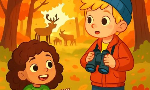 There are two main characters: Lily, a 7-year-old girl with curly brown hair, wearing a bright green sweater and jeans. She is sitting on the grass, holding a sketchbook, her eyes sparkling with excitement. Jack, a 7-year-old boy with messy blonde hair, is dressed in a red jacket and a blue beanie. He stands next to Lily, holding binoculars around his neck, curiously watching a group of deer in the distance. The scene takes place in an autumn forest, where majestic trees rise with vibrant leaves in shades of red, orange, and yellow. The ground is covered with crunchy leaves, and a gentle ray of sunlight filters through the branches, illuminating the scene with a golden light. The main situation shows Lily and Jack amazed by the beauty of nature, silently observing a family of deer grazing peacefully in a clearing, surrounded by bright autumn colors.