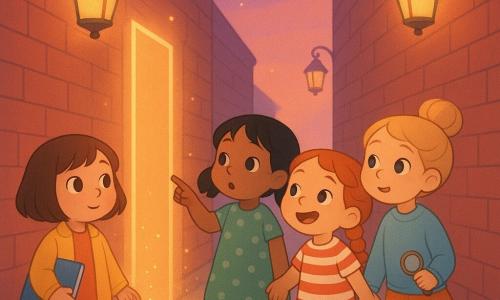 Four 6-year-old girls stand hand in hand in a narrow brick alley called 