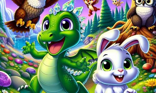 Un mic dragon verde numit Zippy, cu solzi strălucitori și ochi în formă de cristale, zboară vesel deasupra unei insule colorate, afișând un zâmbet mare de entuziasm. Lângă el, un iepuraș alb numit Binky, cu urechi mari și blană moale, sare de bucurie, ochii săi strălucind de fericire. Un bufniță înțelept numit Hoot, cu pene maronii și ochelari rotunzi, îi observă cu o expresie serioasă dar binevoitoare, așezat pe o ramură de copac. Nutty, o mică veveriță roșcată, se cațără pe un copac din apropiere, fața ei strălucind de curiozitate. Decorul este o insulă magică, plină de flori strălucitoare în culori vii, copaci verzi mari și o mare strălucitoare în fundal. În centrul imaginii, grupul de prieteni se pregătește să exploreze o peșteră misterioasă și întunecată, a cărei intrare este împodobită cu pietre prețioase strălucitoare. Situația principală arată cum Zippy și prietenii săi sunt gata să intre în peșteră, fețele lor fiind iluminate de entuziasm și aventură.
