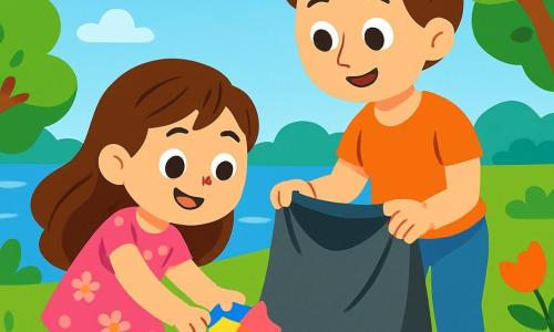 Una niña de 4 años, con largos cabellos castaños y ojos llenos de curiosidad, está recogiendo basura en un parque verde. Lleva un bonito vestido rosa con flores y sandalias amarillas, y su rostro expresa gran alegría y orgullo. A su lado, su mamá, una mujer de unos 30 años con el cabello castaño recogido en un moño, sonríe sosteniendo una gran bolsa para la basura. Están cerca de un lago brillante, rodeado de majestuosos árboles de hojas verdes y flores coloridas que bailan con el viento. La niña, concentrada y entusiasta, recoge un papel de colores, mientras su mamá la anima con una mirada cariñosa. Es un hermoso día soleado, con aire fresco y puro, donde la naturaleza parece vibrar de vida.