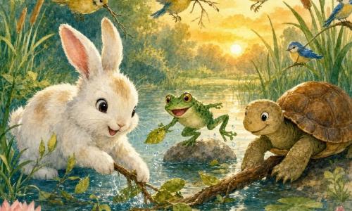 Um coelho branco de orelhas longas e olhos brilhantes, expressão alegre, pelagem macia com manchas creme, puxa folhas e pequenos galhos da superfície de uma pequena lagoa enquanto remexe a água com as patas; uma rã verde vívida, de olhos saltados e sorriso travesso, salta para uma pedra próxima e apanha folhas flutuantes; uma tartaruga marrom de carapaça texturada, rosto calmo, empurra lentamente um galho na margem; uma família de passarinhos amarelos e azuis voa e recolhe gravetos pousando em juncos; cena junto a uma lagoa clara rodeada de erva alta, juncos e nenúfares rosas, com reflexos suaves do céu e árvores de folhas verdes ao fundo ao pôr do sol; situação principal: animais colaboram para limpar a lagoa, atmosfera calorosa, gotas de água cintilantes, tons pastel aquarelados e traços suaves.