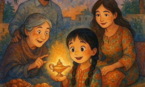 A 6-year-old girl, Amina, amazed with round face, big bright eyes and black braids, in a colorful traditional outfit, holds a small golden magic lantern on her palm that emits a warm glow; her smiling, attentive mother (≈30–35) in a floral dress adjusts a cushion nearby, a calm protective father (≈35–40) with short beard stands slightly behind with his hand on a neighbor’s shoulder, and a mischievous gentle grandmother (≈65–70) with gray hair in a bun and a shawl points at the lantern as if sharing a secret; set in a house courtyard at iftar with a low wooden table of dates, rice and pastries, hanging paper lanterns and garlands, patterned rugs, palm trees and a twilight sky; the lantern floats slightly as Amina offers a greeting, golden light illuminating the faces in a warm, intimate, festive scene in ochres, deep blues and soft oranges, watercolor style with textured details, soft contours and controlled splashes around the lantern to emphasize the magic, composition centered on the girl and the light.