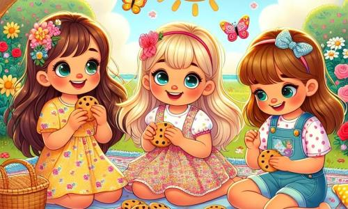 Tre ragazze felici, Sofia, Lila e Mia, sono sedute su un grande tappeto da picnic colorato in mezzo a un giardino soleggiato. Sofia, di 8 anni, ha lunghi capelli castani e indossa un vestito giallo a fiori. Sorride mentre tiene un piatto di biscotti. Lila, anche lei di 8 anni, ha capelli biondi e indossa una maglietta rosa con dei pantaloni corti di jeans. Guarda una bella farfalla che vola vicino a lei. Mia, la più piccola con 7 anni, ha capelli castani e indossa una salopette blu. Sta disegnando un grande sole su un foglio di carta. Il giardino è pieno di fiori colorati, con rose rosse, girasoli gialli e margherite bianche. Gli alberi verdi offrono ombra e il cielo è di un blu intenso con alcune nuvole soffici. Le tre amiche trascorrono un momento magico gustando snack mentre osservano le nuvole e immaginano forme di animali.