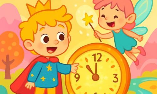 A little prince with golden hair and sparkling mischievous eyes, dressed in a blue tunic adorned with shining stars, stands joyfully in front of a large glowing clock, his face radiating excitement and curiosity. Beside him, a small fairy with iridescent wings and messy pink hair flies around him laughing, holding a sparkling magic wand. The setting is an enchanted kingdom, with candy-shaped trees, shimmering rivers, and marshmallow mountains under a pastel sky dotted with heart-shaped clouds. In the center of the scene, the prince and the fairy examine the magical clock, whose hands dance chaotically, while a soft golden light emanates from the clock, illuminating their amazed faces.