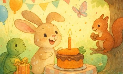 Benny the rabbit, the main character: a small pale-beige rabbit with long floppy ears, white patches, bright round eyes and a wide expressive smile, standing on his hind legs and blowing out a large orange candle on a carrot cake set on a low wooden table; Timmy the turtle: a dark-green speckled-shelled, slow, kind-looking turtle seated to Benny’s left, holding a shiny gift and gently clapping; Squeaky the squirrel: a small reddish-brown squirrel with a cream belly and mischievous eyes perched on a low branch of the old oak to the right, holding a handful of hazelnuts; Flutter the butterfly: a pink-and-blue translucent-winged butterfly resting on a garland above the cake with slightly folded wings and a look of wonder; the garden: dense green lawn dotted with daisies, a rough-trunked oak draped in pastel garlands, a rustic wooden table with a checkered cloth, floating colorful balloons and a winding path of small white pebbles; the scene: a warm, intimate celebration at sunset with scattered confetti and a joyful atmosphere in pastel tones with bright orange, red and green accents.