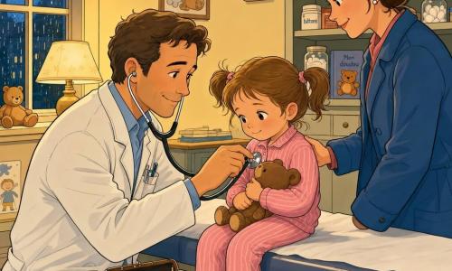 De hoofdpersoon is een mannelijke dokter met een zachte glimlach en vriendelijke blik; hij draagt een lichte doktersjas, heeft een bruine leren tas, haalt een stethoscoop tevoorschijn en knielt licht om zacht te spreken terwijl hij naar het hart van een vierjarig meisje luistert. Het meisje, met twee staartjes en een roze gestreept pyjama, houdt een teddy tegen zich aan en zit iets verlegen op de onderzoekstafel, de moeder met opgestoken haar en een blauw mantel staat bij de deur met een opgeluchte glimlach en hand op de schouder van haar dochter. De kamer is een gezellige avondsetting met warme lampen, crèmekleurige muren, planken met potjes en knuffels en een door de regen nat raam; de sfeer is rustig, veilig en zacht verlicht.