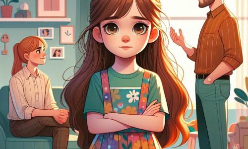 Una niña de 10 años, Clara, se encuentra en el centro de la imagen, con largos cabellos castaños y ojos brillantes. Lleva un vestido colorido con estampados de flores y tiene una expresión preocupada pero decidida mientras mira a sus padres. A su derecha, su papá, un hombre de unos treinta años con cabello castaño y barba ligera, está sentado en el sofá, pensativo y con los brazos cruzados. A su izquierda, su mamá, una mujer de aproximadamente 30 años con cabello rubio y una sonrisa dulce, está de pie con las manos en las caderas, mostrando una expresión comprensiva. El ambiente es un salón acogedor, con paredes de colores pastel, un sofá cómodo, juguetes esparcidos por el suelo y una luz suave filtrándose a través de las cortinas. La situación principal muestra a Clara, en medio de sus padres, tomando una gran respiración para hablarles sobre sus preocupaciones respecto a sus discusiones, ilustrando así el tema de la comunicación y el amor familiar a pesar de las dificultades.