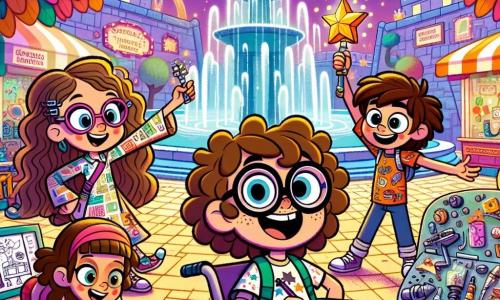 Ilustración que representa a un grupo de amigos en plena aventura en una ciudad mágica. Un niño de 10 años, con cabello rizado y gafas redondas, sostiene un cuaderno lleno de bocetos y sonríe con entusiasmo. Una niña de 9 años, con largos cabellos castaños y un vestido colorido, observa un extraño dispositivo en forma de estrella con ojos llenos de curiosidad. Una niña de 8 años, con cabello corto y camiseta con estampado, ajusta sus gafas de protección mientras manipula herramientas brillantes. Un niño de 11 años, en silla de ruedas, lleva una camiseta con un diseño de cohete y ríe alegremente, listo para unirse a la aventura. El lugar principal es la hermosa Plaza de los Inventores, rodeada de árboles de hojas multicolores y una fuente resplandeciente. Puestos coloridos venden inventos extraños, como sombreros que hacen reír y caramelos que cantan, mientras luces brillantes iluminan el lugar, creando una atmósfera mágica. La situación principal muestra a los amigos descubriendo un misterioso Starbot, un pequeño robot en forma de estrella que emite una luz suave y proyecta un holograma de un tesoro escondido en una pantalla grande. Otros elementos gráficos incluyen burbujas de diálogo con risas, estrellas brillantes alrededor del Starbot y inventos extravagantes de fondo, como un robot titiritero y coches voladores, para acentuar la atmósfera mágica y alegre de Lumitopia.