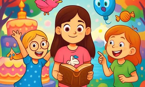 Hay 3 personajes: Aitana: una niña de 12 años, con cabello largo castaño y ojos brillantes. Lleva una camiseta rosa con un diseño de unicornio y un pantalón corto de mezclilla. Está en el centro, sonriendo, sosteniendo un libro antiguo en sus manos. Lucía: una niña de 12 años, con trenzas rubias y gafas redondas. Lleva un vestido de lunares azules y bailarinas. Está a la izquierda de Aitana, saltando con entusiasmo, con los brazos en alto. Martina: una niña de 12 años, con cabello pelirrojo y pecas. Lleva una camiseta verde y un pantalón de mezclilla. Está a la derecha de Aitana, riendo y señalando un caramelo que flota en el aire. La escena se desarrolla en un hermoso país mágico, lleno de tartas coloridas y globos flotantes, con un suelo cubierto de hierba verde y suave, rodeado de árboles de hojas multicolores. Cadenas de luces bailan en el aire y un gran lago brillante se encuentra al fondo, con burbujas que estallan en colores. La situación principal muestra a Aitana, Lucía y Martina descubriendo una enorme fiesta de cumpleaños mágica, rodeadas de criaturas fantásticas, tartas gigantes y globos parlantes, mientras ríen y se maravillan de esta increíble aventura.